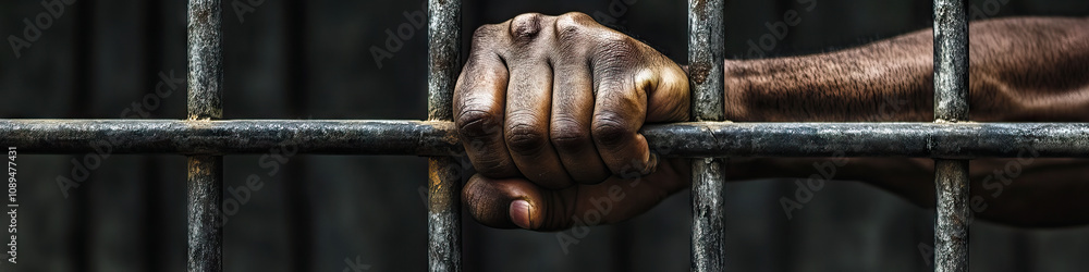 Jailed Rage: A powerful shot of a fist pounding against the bars of a cell, echoing with anger and despair. Jailed Rage: A powerful shot of a fist pounding against the bars of a cell, echoing with anger and despair.