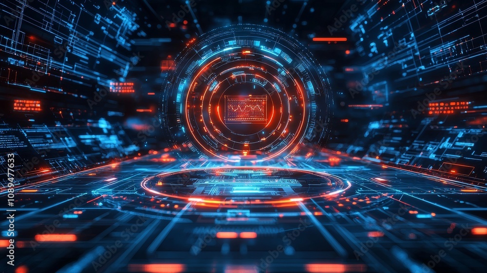 Obraz premium A futuristic digital landscape featuring glowing blue and red patterns, resembling advanced technology or a virtual reality environment.