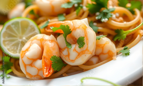 A plate of shrimp and noodles with a lime wedge on the side. The shrimp are arranged in a way that they look like they are standing up, and the lime wedge adds a pop of color to the dish photo