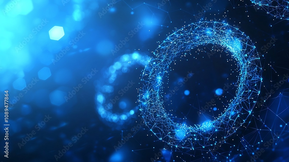 Radiant atomic or molecular symbol with shimmering orbiting particles and highlights set against a sleek blue polygonal technology backdrop representing advanced nuclear science and energy Radiant atomic or molecular symbol with shimmering orbiting particles and highlights set against a sleek blue polygonal technology backdrop representing advanced nuclear science and energy