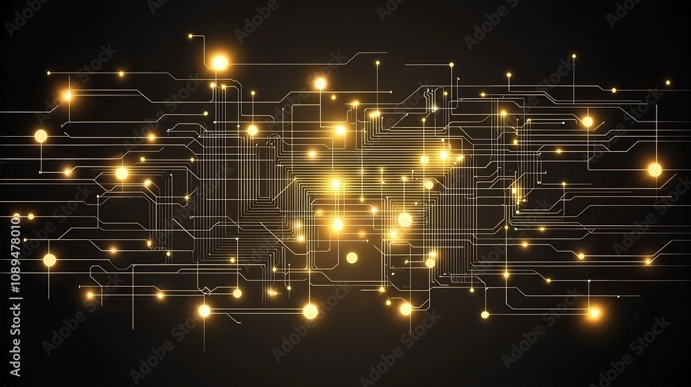 Obraz premium Radiant golden circuitry interlaced with computer motherboard elements on a dark elegant canvas showcasing an abstract technology themed background with chip concepts