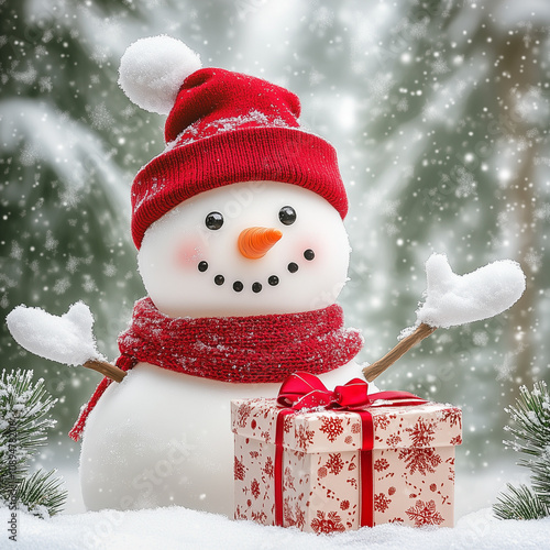 A cute snowman with a red hat and scarf, holding out its hand to show off the gift in front of it. The background is a white, snowy landscape with pine trees covered in falling snowflakes. photo