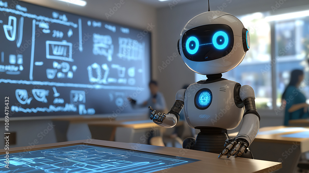 A robot tutor with expressive LED eyes and multi-functional arms assisting students in solving complex math problems on interactive smartboards in a futuristic classroom A robot tutor with expressive LED eyes and multi-functional arms assisting students in solving complex math problems on interactive smartboards in a futuristic classroom