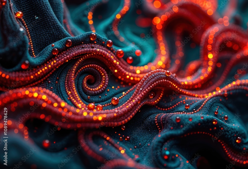 Obraz premium Mesmerizing Abstract Close-Up of Swirling Textures, Vibrant Red and Teal Hues, and Illuminated Droplets, Evoking a Sense of Elegance, Energy, and Intricate Detail