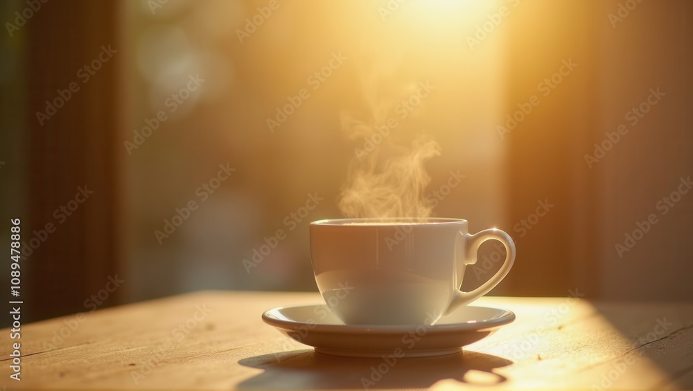 Warm cup of coffee on a wooden table with morning sunlight and steam. Generative, AI, Warm cup of coffee on a wooden table with morning sunlight and steam. Generative, AI,
