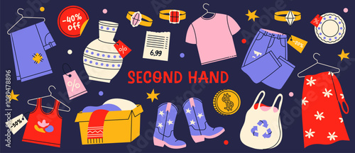 Set of used goods and clothes in second hand store or on garage sale. Reuse and zero waste banner. Flat vector illustration.