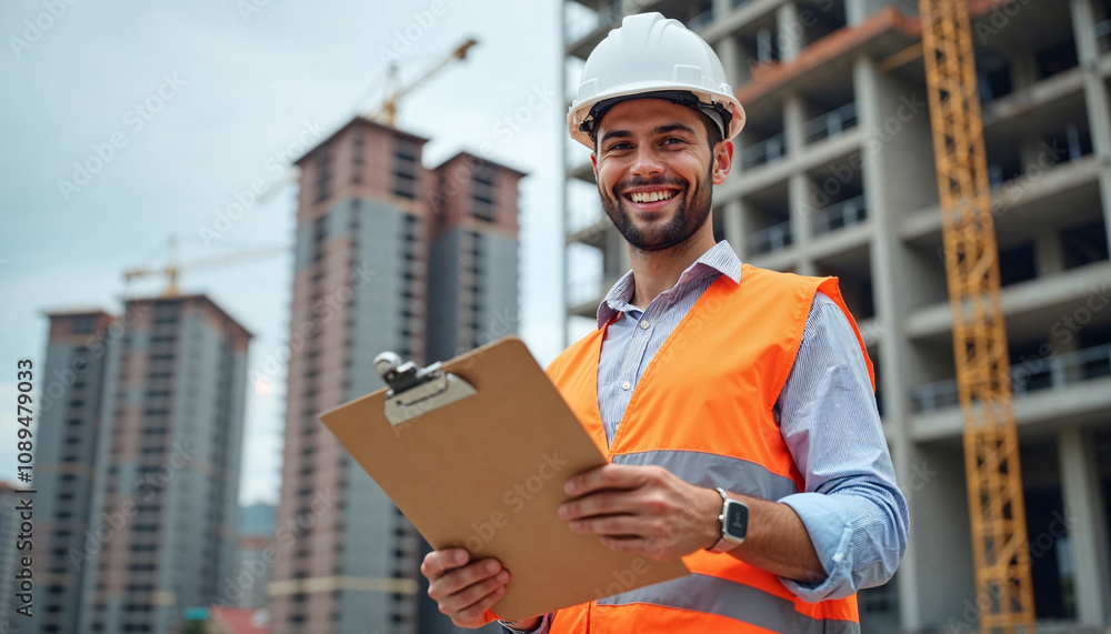 A happy construction worker, wearing a safety helmet and vest, holds a clipboard and smiles at the camera. Tall buildings under construction form the background. The scene is daytime. A happy construction worker, wearing a safety helmet and vest, holds a clipboard and smiles at the camera. Tall buildings under construction form the background. The scene is daytime.