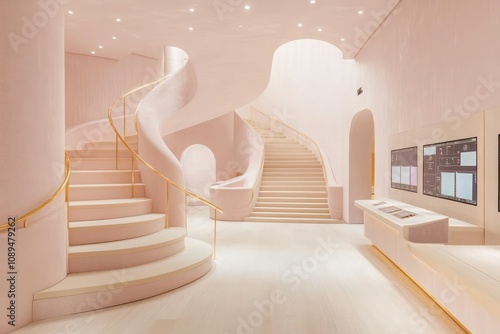 A minimalist training space with pale pink acoustic tiles, gold accents, and a grand spiral staircase with light wood treads, leading to a futuristic control room with touchscreen AV technology. photo