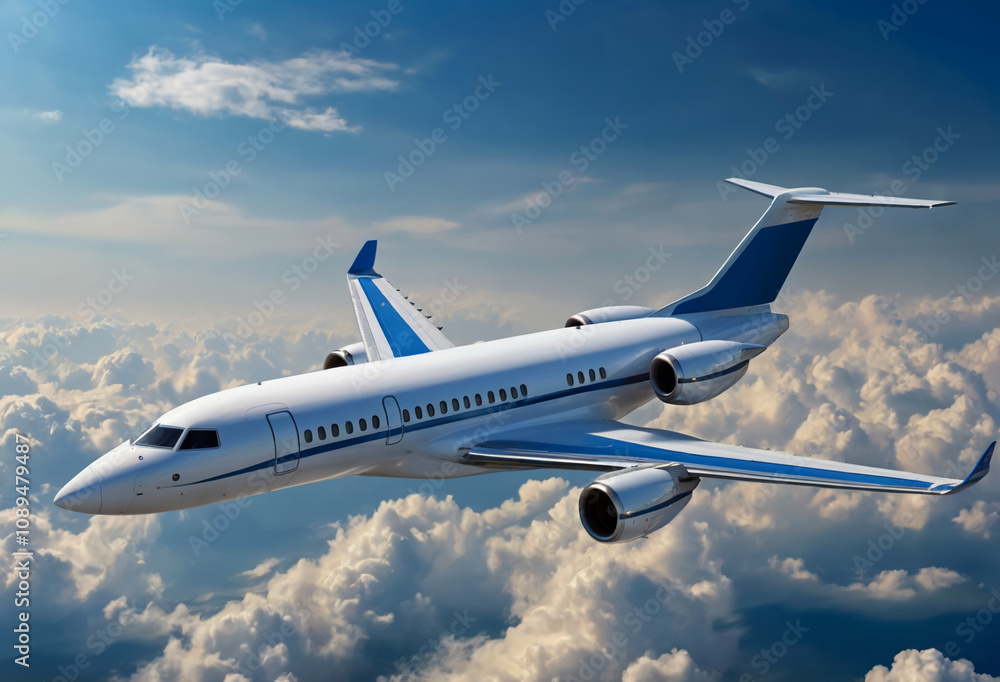 private jet in blue sky. Commercial airlines. Generative AI private jet in blue sky. Commercial airlines. Generative AI