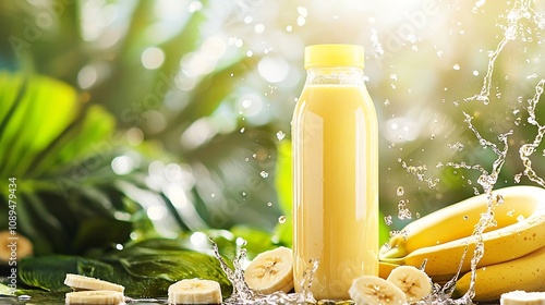 Refreshing yellow banana smoothie bottle surrounded by fresh bananas banana slices and water splashes in a lush vibrant tropical setting with a bright sunny background