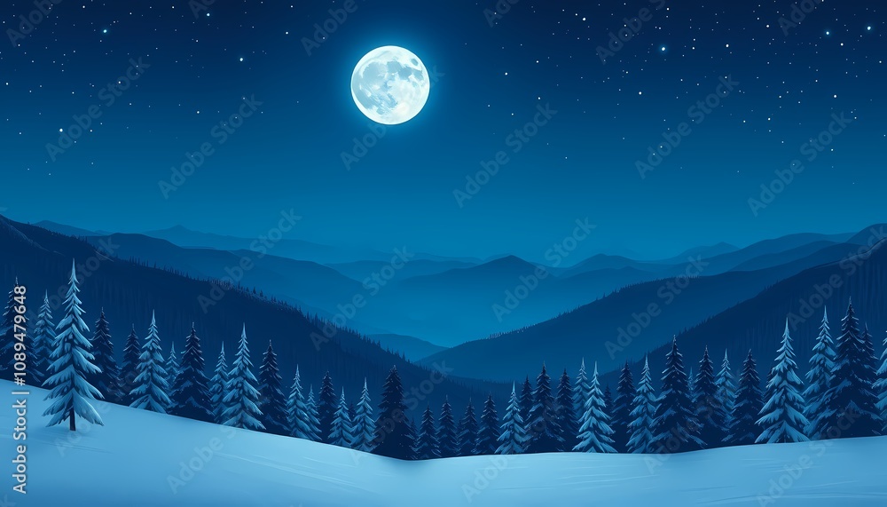 Fototapeta premium Winter Night Landscape, Full Moon over Snowy Mountains
