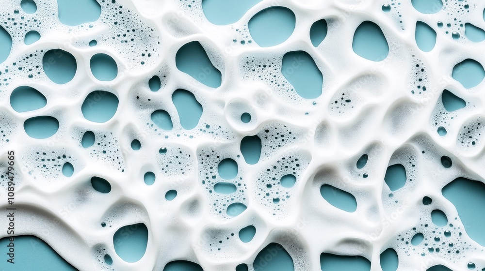 Abstract close-up of white soap foam with irregular holes and bubbles on a light blue background, creating a porous texture and fluid pattern. Abstract close-up of white soap foam with irregular holes and bubbles on a light blue background, creating a porous texture and fluid pattern.