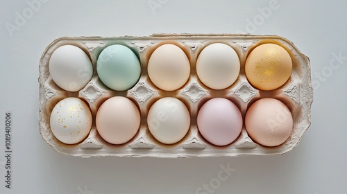 Minimalist Easter eggs in solid pastel colors with subtle gold accents, arranged neatly in an egg carton on a white surface. photo