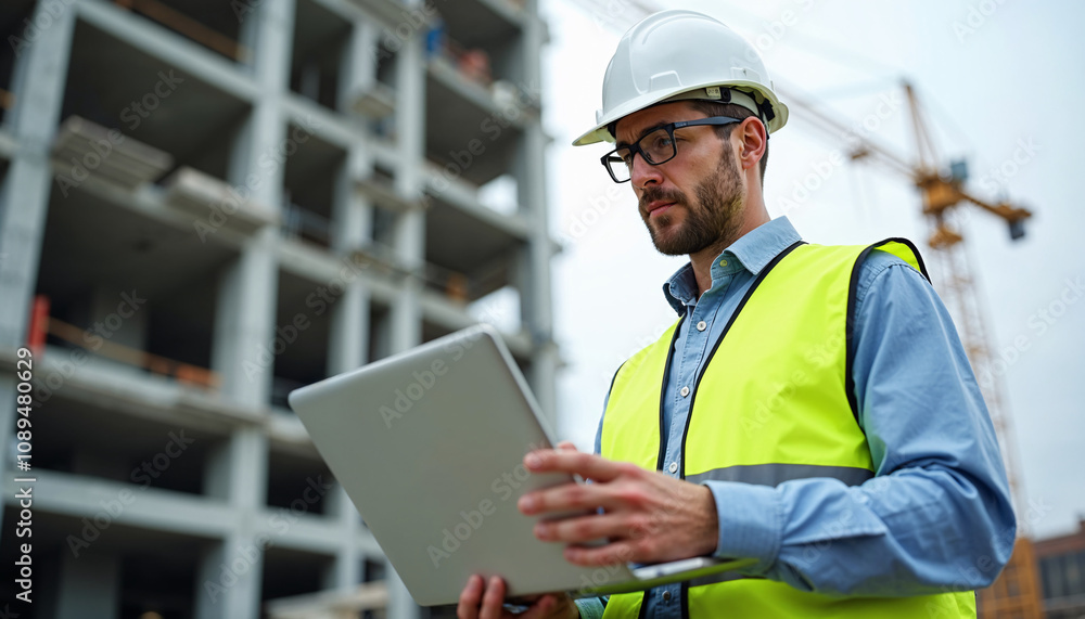 A man wearing a hard hat and safety vest uses a laptop computer near a large unfinished building under construction. A crane is visible in the background. A man wearing a hard hat and safety vest uses a laptop computer near a large unfinished building under construction. A crane is visible in the background.