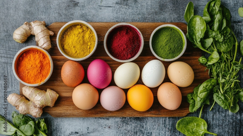 Natural dye Easter eggs in muted tones, sitting on a wooden board with bowls of organic dye ingredients like turmeric, beet, and spinach. Natural dye Easter eggs in muted tones, sitting on a wooden board with bowls of organic dye ingredients like turmeric, beet, and spinach.