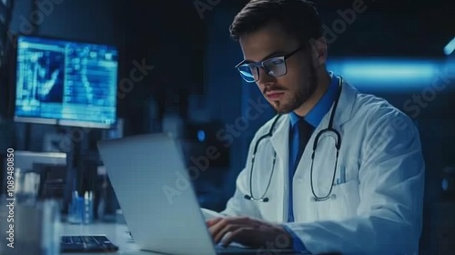 Dedicated Doctor Working Late in a Modern Medical Lab