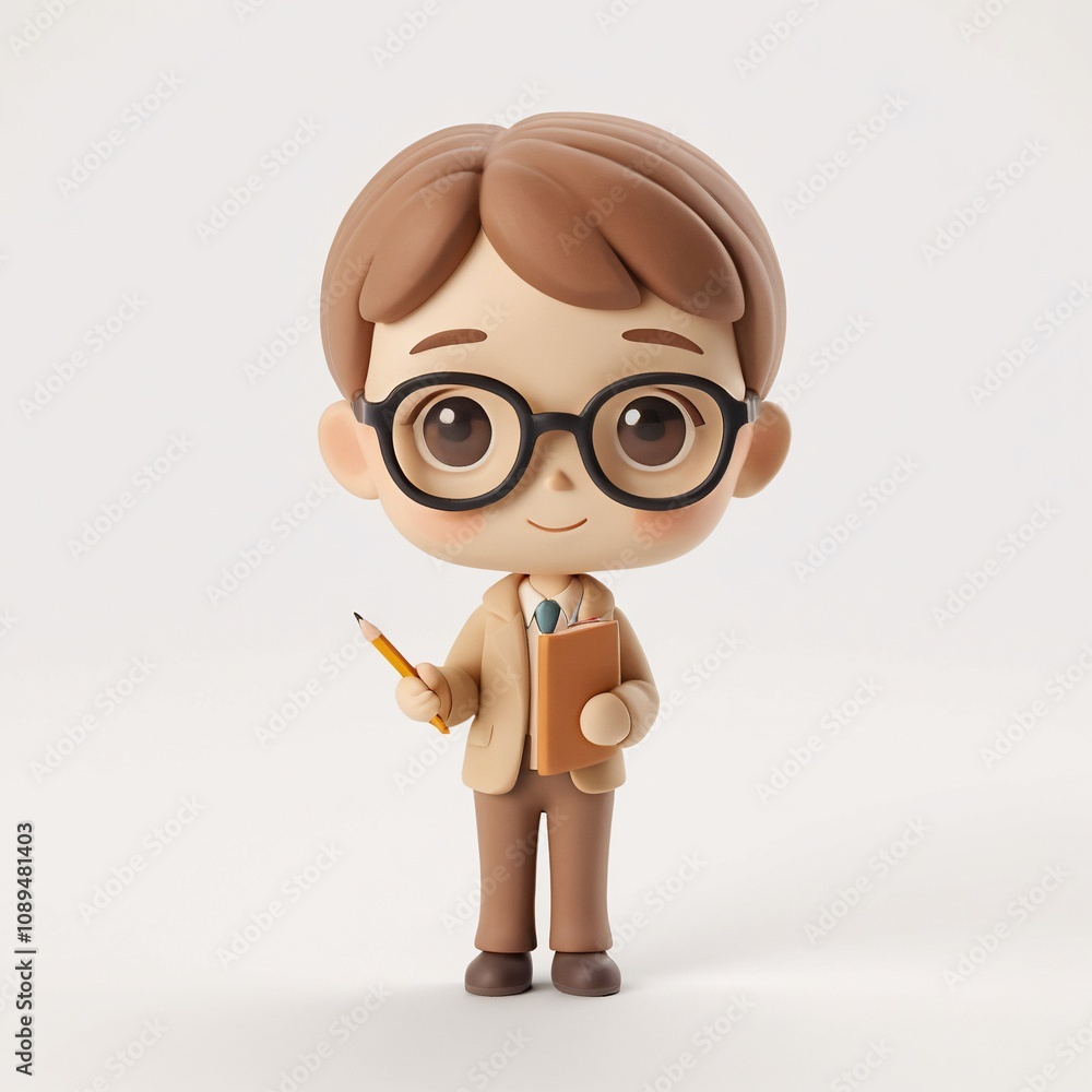 Cute 3D Render of Boy Teacher Book Pencil Glasses Education Cute 3D Render of Boy Teacher Book Pencil Glasses Education