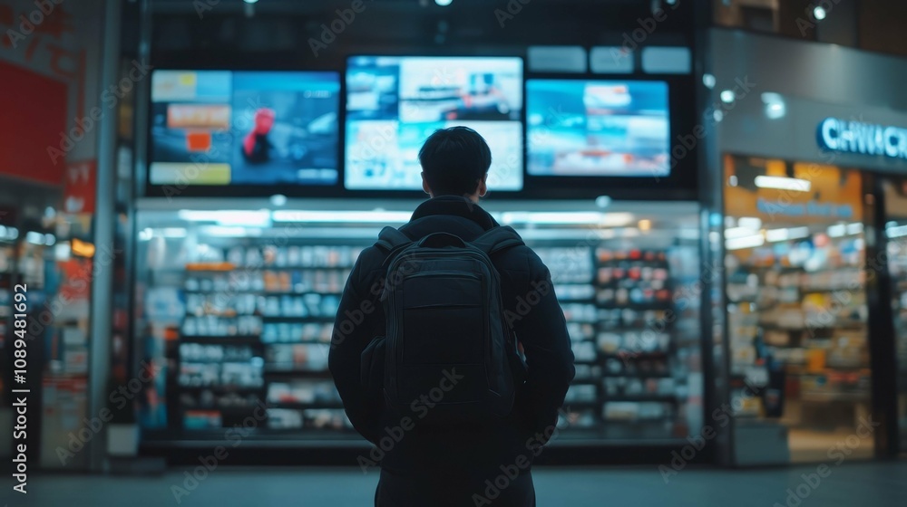Man Observing Digital Displays in a City Store Man Observing Digital Displays in a City Store