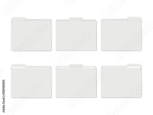 White blank file folder with cut tab divider. Empty and with paper sheets inside. Realistic 3d vector mockup set. Tabbed document envelope jacket holder. Mock-up kit. Template for design