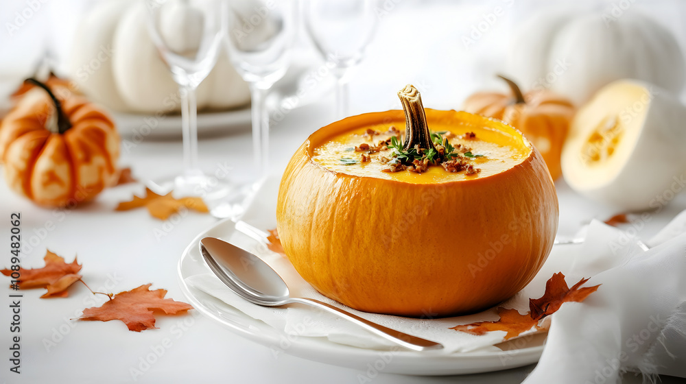 Pumpkin Soup in Decorative Pumpkin Bowl
Pumpkin Soup in Decorative Pumpkin Bowl