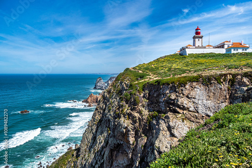 Lighthouse on Cabo da Roca - Roca Cape in Portugal, westernmost point of the Sintra Mountain Range and Europe photo