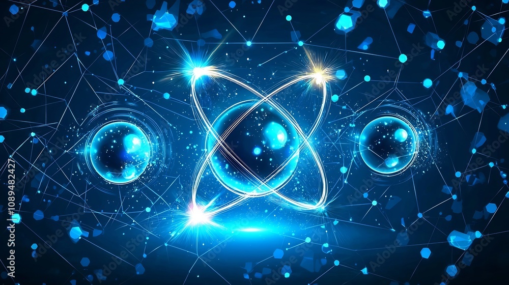 Stunning abstract depicting a cosmic atomic design with glowing light orbits and bright sparkles resting on a modern polygonal blue technology backdrop Stunning abstract depicting a cosmic atomic design with glowing light orbits and bright sparkles resting on a modern polygonal blue technology backdrop