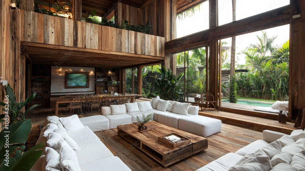 Fototapeta premium A spacious, modern living area featuring wooden elements, large windows, and a cozy seating arrangement, surrounded by greenery.