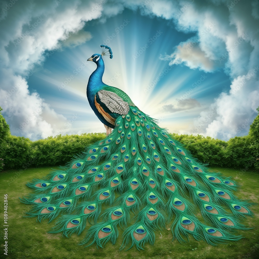 Obraz premium A vibrant, detailed vector of a majestic peacock showcasing its colorful feathers. Ideal for posters, prints, logos, or design projects needing a touch of elegance