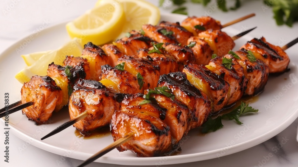 Grilled Salmon Skewers with Citrus Garnish on a White Plate Placed on a Marble Surface, Perfect for Gourmet Culinary Photography and Food Presentation Grilled Salmon Skewers with Citrus Garnish on a White Plate Placed on a Marble Surface, Perfect for Gourmet Culinary Photography and Food Presentation