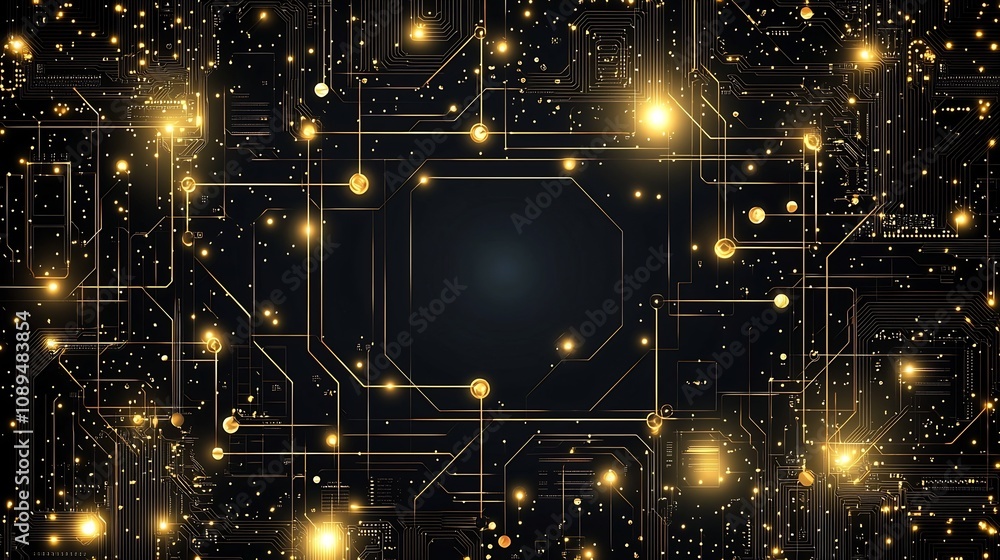Fototapeta premium This mesmerizing dark and luxurious tech background features vibrant golden circuitry intricate electronic motherboard elements and a captivating futuristic aesthetic The intricate patterns