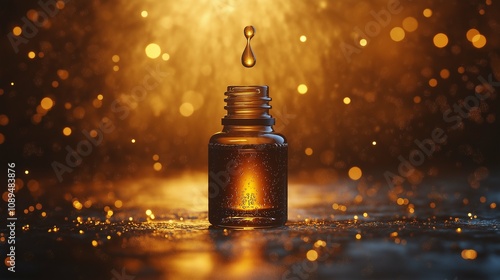 Captivating Golden Oil Drop Splashes Dramatically from a Glass Bottle Amidst a Sparkling Golden Background for Artistic and Commercial Use