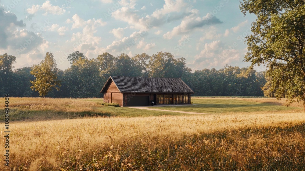 A serene countryside scene featuring a rustic wooden house surrounded by golden fields and lush greenery under a bright sky. A serene countryside scene featuring a rustic wooden house surrounded by golden fields and lush greenery under a bright sky.
