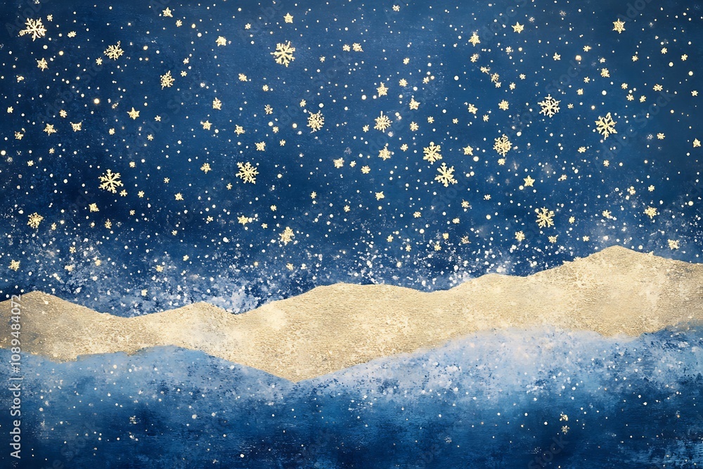 Fototapeta premium Subtle golden snow patterns on a gradient navy-blue canvas