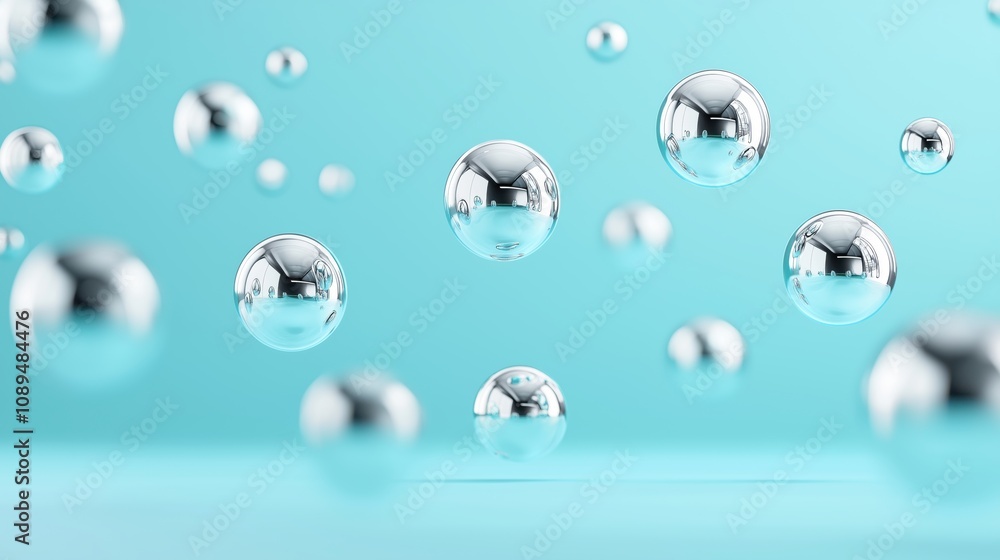Floating metallic spheres on turquoise background minimalist abstract concept showcasing reflection, geometry, and modern design trends in surreal environments Floating metallic spheres on turquoise background minimalist abstract concept showcasing reflection, geometry, and modern design trends in surreal environments