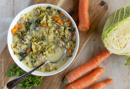 Savoy cabbage soup or stew with minced meat and vegetables fresh and homemade cooked on a plate with spoon