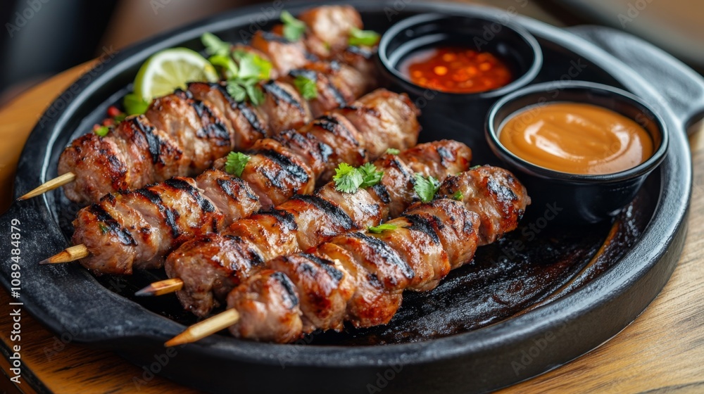 Deliciously Grilled Meat Skewers Served on a Sizzling Plate with Fresh Lime and Two Dips for an Unforgettable Dining Experience in a Cozy Setting Deliciously Grilled Meat Skewers Served on a Sizzling Plate with Fresh Lime and Two Dips for an Unforgettable Dining Experience in a Cozy Setting