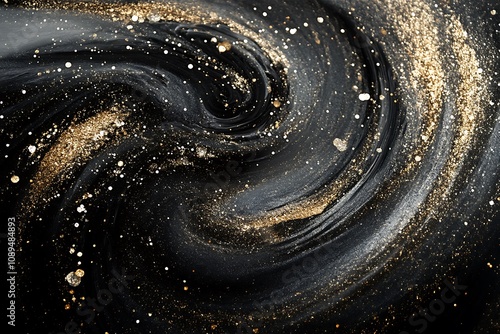 Abstract swirls of gold and silver glitter on a black gradient background