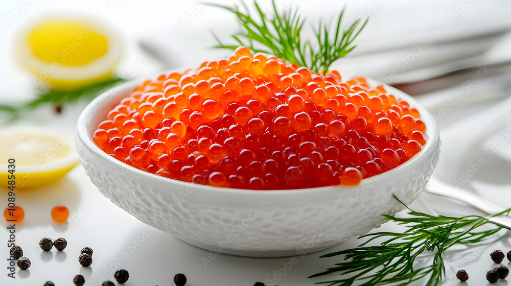 White Bowl of Red Salmon Caviar with Dill, Lemon, and Peppercorns for Sophisticated Restaurant Menus and Café Promotions White Bowl of Red Salmon Caviar with Dill, Lemon, and Peppercorns for Sophisticated Restaurant Menus and Café Promotions