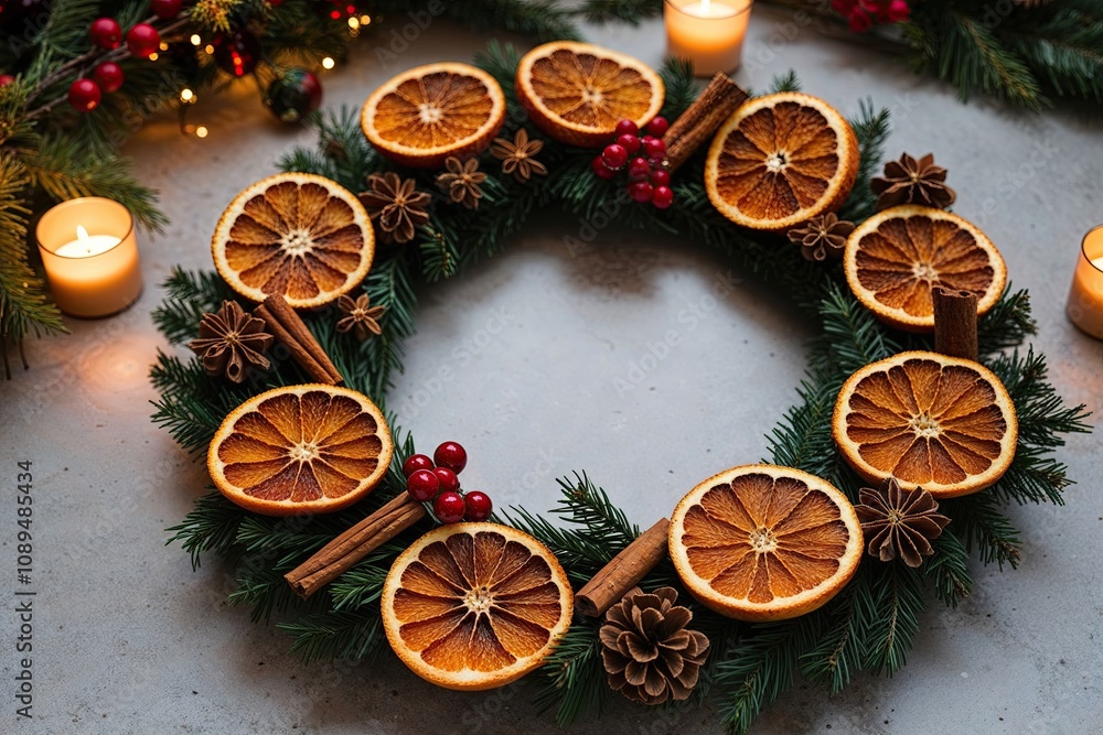 Glowing Christmas Wreath with Dried Oranges and Cinnamon for a Warm Holiday Atmosphere Glowing Christmas Wreath with Dried Oranges and Cinnamon for a Warm Holiday Atmosphere