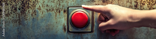 A hand firmly pressing a red button on a metal panel.