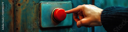 A hand firmly pressing a red button on a metal panel.