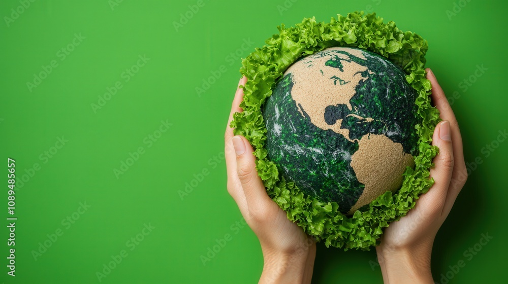 Food Security Policy, Climate Change. Hands holding a globe surrounded by green foliage on a vibrant background. Food Security Policy, Climate Change. Hands holding a globe surrounded by green foliage on a vibrant background.