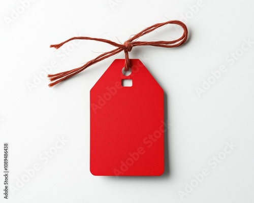 Bright red tag with twine knot on white background - minimalist design for branding, gift wrapping, or retail promotions