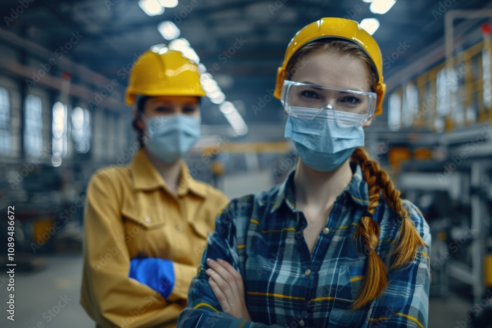 Female factory worker and engineer wear masks during pandemic. Female factory worker and engineer wear masks during pandemic.