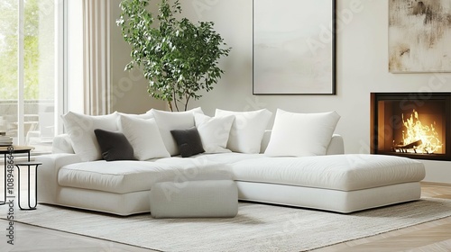 Modern White Sectional Sofa with Fireplace and Plant