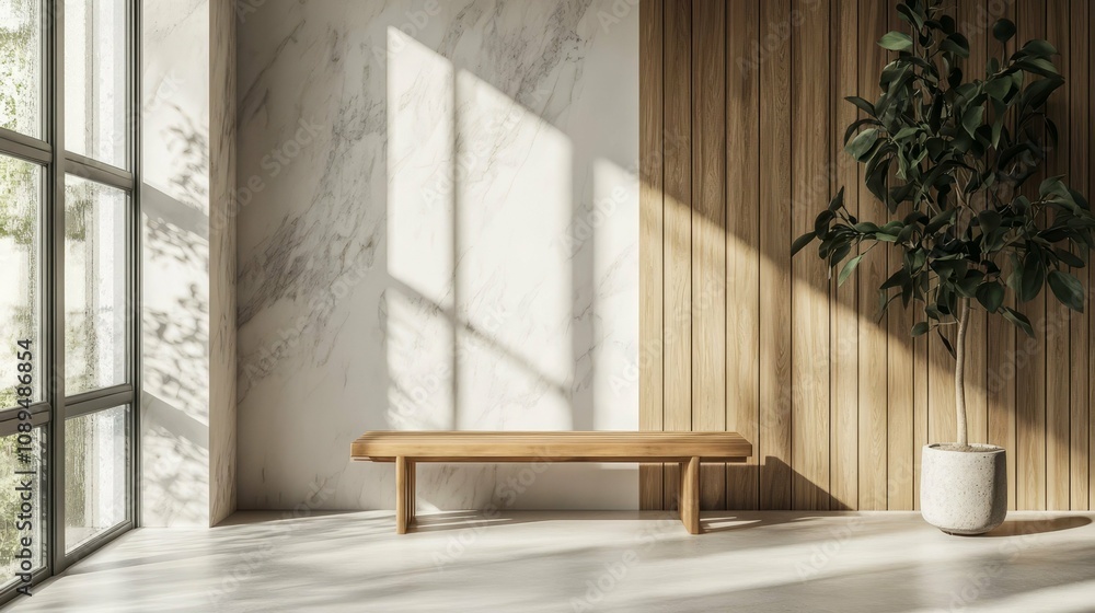 Modern Minimalist Interior Design with Wooden Bench and Plants Modern Minimalist Interior Design with Wooden Bench and Plants