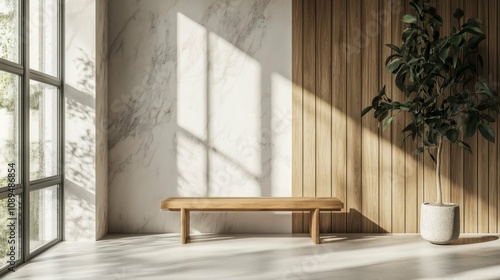 Modern Minimalist Interior Design with Wooden Bench and Plants
