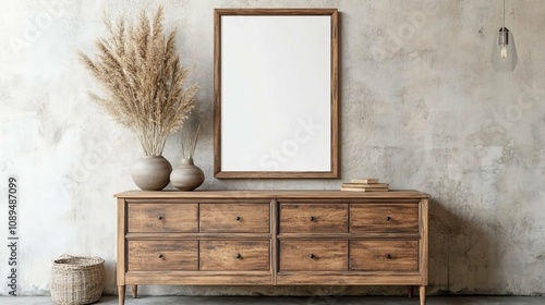 Wooden Dresser with Empty Frame and Plants