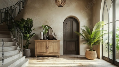 Rustic Interior Design with Wooden Cabinet and Plants