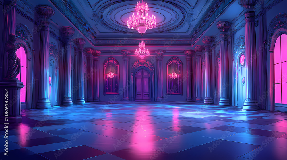 Cyberpunk palace ballroom theatre hall. futuristic abandoned sci-fi neon cyber amphitheater auditorium empty room. royal dance hall in noble mansion interior. Elegant Ballroom Dance. Illustration Cyberpunk palace ballroom theatre hall. futuristic abandoned sci-fi neon cyber amphitheater auditorium empty room. royal dance hall in noble mansion interior. Elegant Ballroom Dance. Illustration